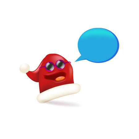 Vector cartoon monster Santa Claus red hat character with sunglasses and speech bubble isolated on white background. Merry Christmas greeting card, poster and banner with funny Santa Claus hatのイラスト素材