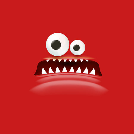 Vector funny angry red christmas monster face with open mouth with fangs and evil eyes isolated on red background. Christmas cute and angry monster design template for poster, banner and tee printのイラスト素材