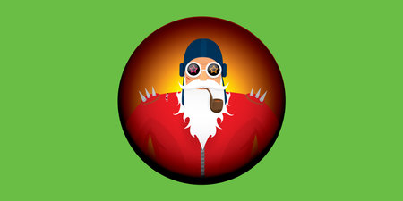 vector modern rock n roll santa claus with smoking pipe, santa beard and funky hat isolated on green christmas horizontal banner background with snowflakes. Horizontal Christmas hipster party posterのイラスト素材