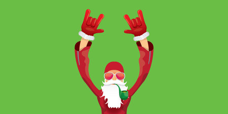 vector modern rock n roll santa claus with smoking pipe, santa beard and funky hat isolated on green christmas horizontal banner background with snowflakes. Horizontal Christmas hipster party posterのイラスト素材