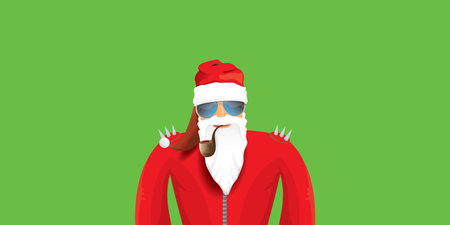 vector modern rock n roll santa claus with smoking pipe, santa beard and funky hat isolated on green christmas horizontal banner background with snowflakes. Horizontal Christmas hipster party posterのイラスト素材