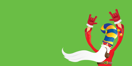 vector modern rock n roll santa claus with smoking pipe, santa beard and funky hat isolated on green christmas horizontal banner background with snowflakes. Horizontal Christmas hipster party posterのイラスト素材