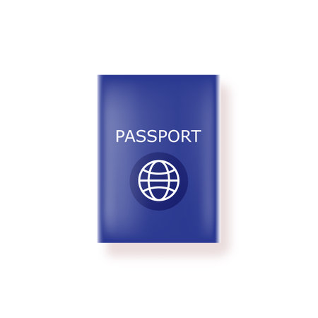 Vector blue international passport cover design template isolated on white background. Blue Passport icon with white earth globe and shadowのイラスト素材