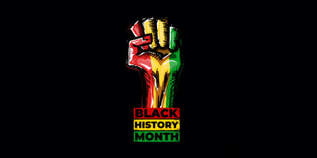 Black history month horizontal banner with protest raised fist colored in African flag isolated on...
