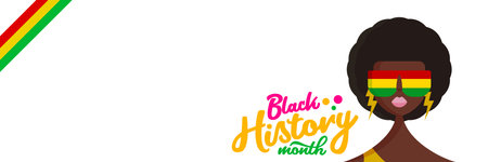 Black history month horizontal banner with stylized afro American woman isolated on white background. Black history month poster, flyer, background with pretty african modern girl with sunglassesのイラスト素材