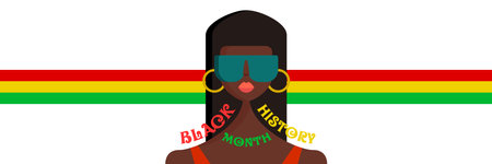Black history month horizontal banner with stylized afro American woman isolated on white background. Black history month poster, flyer, background with pretty african modern girl with sunglassesのイラスト素材