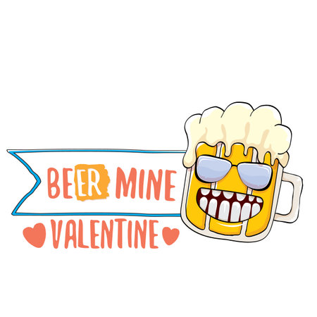 Beer mine valentines vector valentines greeting card with beer glass cartoon character isolated on white background. Vector adult valentines day party poster design template with funny sloganのイラスト素材