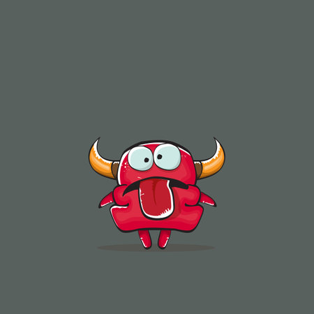 Vector cartoon funny red monster with horn isolated on grey background. Smiling silly red monster print sticker design template. Ghost, troll, gremlin, goblin, devil and monsterのイラスト素材