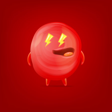 Vector cartoon funny red christmas monster isolated on red background. Smiling silly red monster print sticker design template. Cute Ghost, troll, gremlin, goblin, devil and halloween monsterのイラスト素材