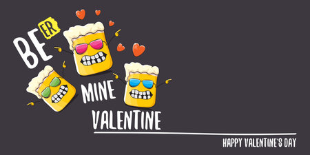 Beer mine valentines vector valentines greeting horizontal banner with beer glass cartoon character isolated on grey background. Vector adult valentines day party poster design templateのイラスト素材