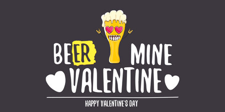 Beer mine valentines vector valentines greeting horizontal banner with beer glass cartoon character isolated on grey background. Vector adult valentines day party poster design templateのイラスト素材