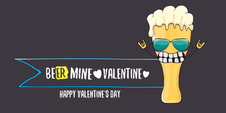 Beer mine valentines vector valentines greeting horizontal banner with beer glass cartoon character isolated on grey background. Vector adult valentines day party poster design templateのイラスト素材