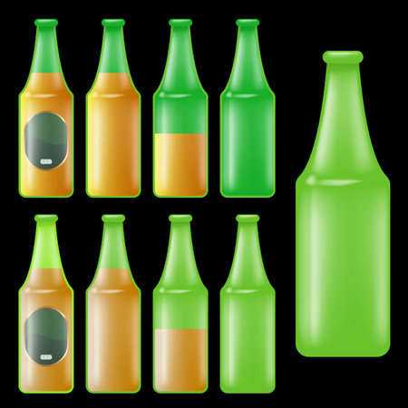 Vector green glass bottles set isolated on white background. Beer bottle with label, empty beer bottle and full beer bottle collection.のイラスト素材