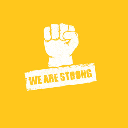 We are strong concept illustration with a white silhouette raised fist in the air isolated on orange...