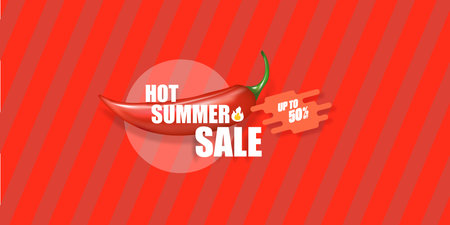 Big Hot summer sale horizontal banner with red chili cayenne pepper isolated on stylish red background. Vector 3d horizontal summer hot sale clearance poster, flyer, banner, tag and backgroundのイラスト素材