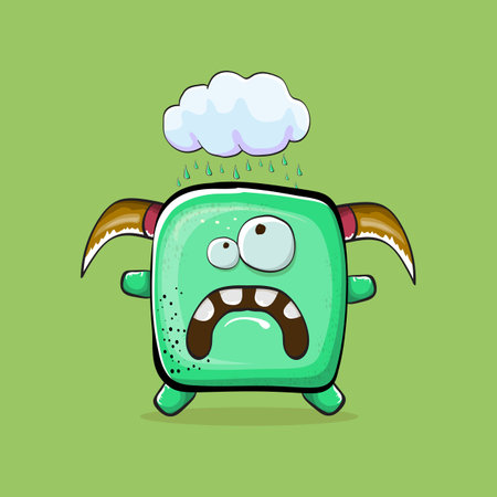 Vector cartoon funny green monster with horn isolated on green background. Smiling silly green monster print sticker design template. Ghost, troll, gremlin, goblin, devil and monster clip artのイラスト素材