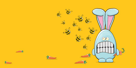 Cartoon funny cartoon blue easter bunny holding orange carrots isolated on orange horizontal banner background. Easter hand drawn blue cute rabbit sticker or labelのイラスト素材