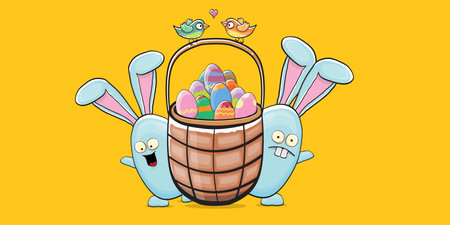 Cartoon funny cartoon blue easter bunny holding easter backet with full of colorful easter eggs isolated on orange horizontal banner background. Easter hand drawn blue cute rabbit sticker or labelのイラスト素材
