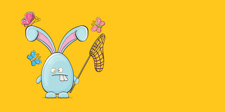 Cartoon funny cartoon blue easter bunny holding butterfly net full isolated on horizontal banner orange background. Easter hand drawn blue cute rabbit sticker or labelのイラスト素材