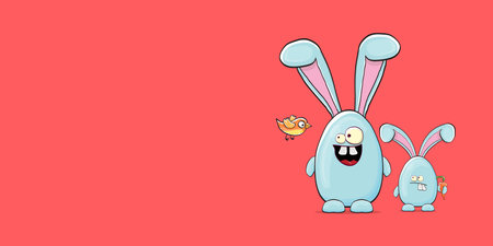 Cartoon funny cartoon blue easter bunny holding carrots isolated on pink horizontal banner background. Easter hand drawn blue cute rabbit sticker or labelのイラスト素材