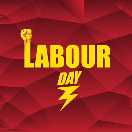 1 may Happy labour day vector label with strong protest fist in the air on vintage red background. vector happy labor day background or banner with man hand. workers may day posterのイラスト素材
