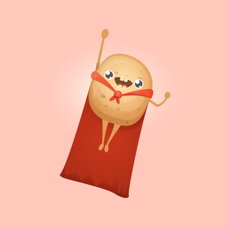 Cartoon potato clip art. vector cartoon cute flying super hero potato with red hero cape isolated on white background. Superhero vegetable potato kawaii food funky character fly in skyのイラスト素材