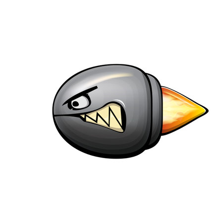 Vector cartoon gun bullet with fire bullet trail isolated on white background. Angry flying Bullet character with mouth, teeth, eyes and fangs. Hand drawn strike bulletのイラスト素材