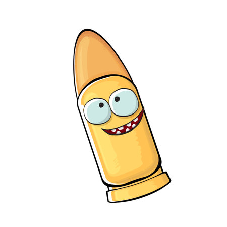 Bullet character. Cartoon funny orange bullet character isolated on white background. Funky bullet character with eyes and mouth. Vector gun shot clip art, emoji, label and stickerのイラスト素材