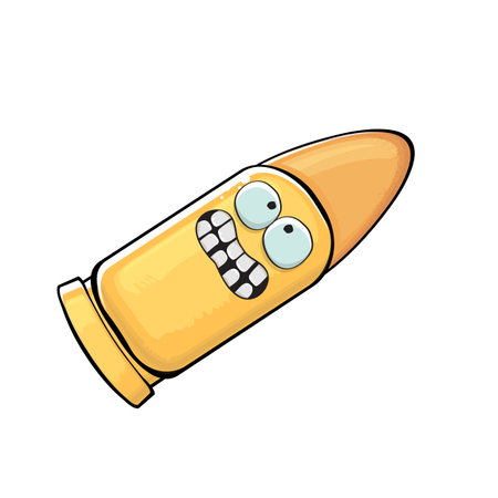Bullet character. Cartoon funny orange bullet character isolated on white background. Funky bullet character with eyes and mouth. Vector gun shot clip art, emoji, label and stickerのイラスト素材