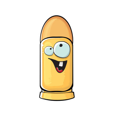 Bullet character. Cartoon funny orange bullet character isolated on white background. Funky bullet character with eyes and mouth. Vector gun shot clip art, emoji, label and stickerのイラスト素材