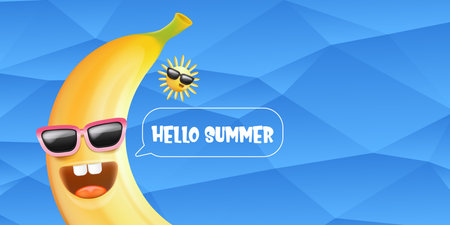 Hello summer horizontal banner with cartoon sun and funky banana character isolated on summer blue sky background. Vector 3d horizontal hello summer scene, poster, flyer, banner and backgroundのイラスト素材