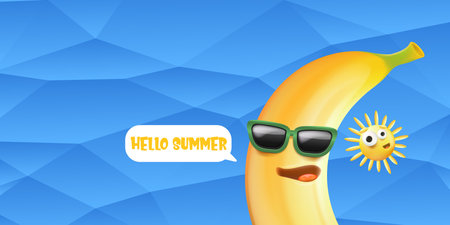 Hello summer horizontal banner with cartoon sun and funky banana character isolated on summer blue sky background. Vector 3d horizontal hello summer scene, poster, flyer, banner and backgroundのイラスト素材