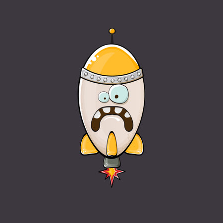 Rocket spaceship character. Cartoon space rocket isolated on space background. Funky spaceship and shuttle character with eyes and mouth. Vector retro space ship clip art, emoji, label and stickerのイラスト素材