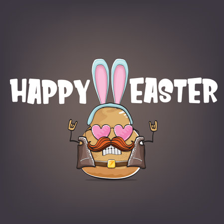 vector rock star happy easter potato funny cartoon character with blue bunny ears isolated on grey background. Rock n roll easter party poster or happy easter greeting cardのイラスト素材