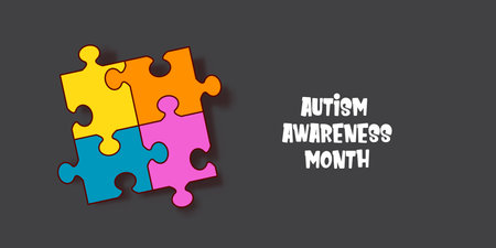 Autism awareness month horizontal banner with Multicolored puzzle isolated on grey background. Healthcare concept.のイラスト素材