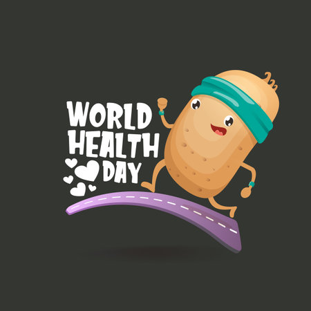 World health care day vector illustration with cartoon funky potato character running or jogging outdoor. Cute sporty healthy vegetable character making cardio sport exercise. Fitness cardio conceptのイラスト素材
