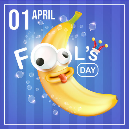 April Fools day funky square banner with silly banana character isolated on blue background. 1 st april fool day banner, poster, label, flyer and greeting cardのイラスト素材