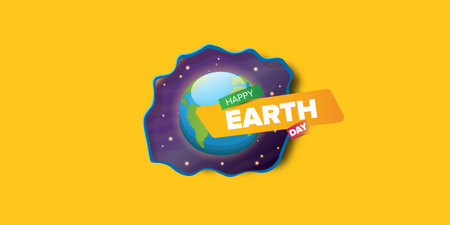 World earth day cartoon horizontal banner with earth globe isolated on violet space background with stars. Vector World earth day concept horizontal illustration with planet and starsのイラスト素材