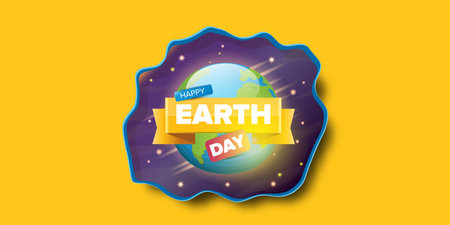 World earth day cartoon horizontal banner with earth globe isolated on violet space background with stars. Vector World earth day concept horizontal illustration with planet and starsのイラスト素材