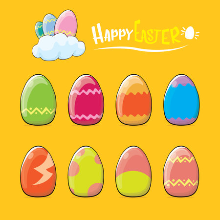 Set of colorful hand drawn Easter eggs with different colors isolated on orange background. Spring holiday. Vector Cartoon Happy easter eggs set and clip art collectionのイラスト素材