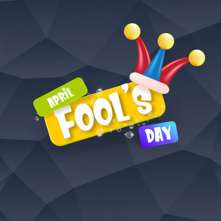 April fools day vector banner with funny clown hat and greeting text isolated on grey crystal background. April fools day label, sticker and funky poster design template.のイラスト素材