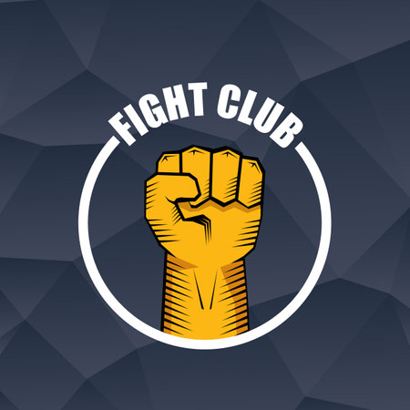 fight club vector logo with orange man fist isolated on crystal grey background. MMA Mixed martial arts concept design template. Fight club icon design templateのイラスト素材