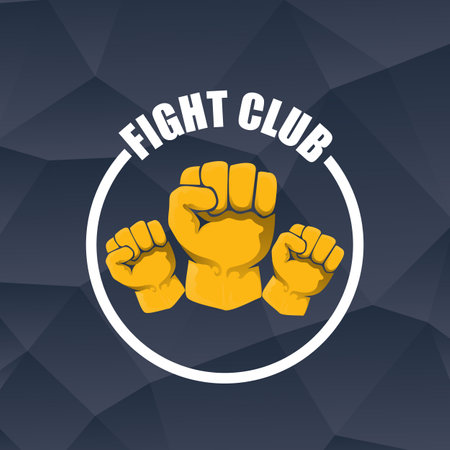 fight club vector logo with orange man fist isolated on crystal grey background. MMA Mixed martial arts concept design template. Fight club icon design templateのイラスト素材