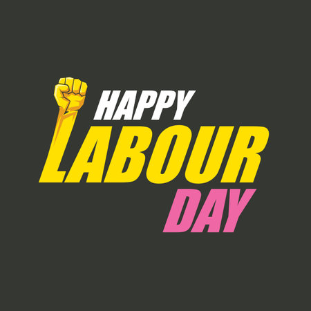 1 may Happy labour day vector label with strong protest fist in the air on grey background. vector happy labor day background or banner with man hand. workers may day posterのイラスト素材