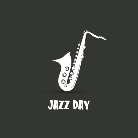 International jazz day vector illustration with white saxophone isolated on grey background. music icon. Jazz day label and poster design templateのイラスト素材