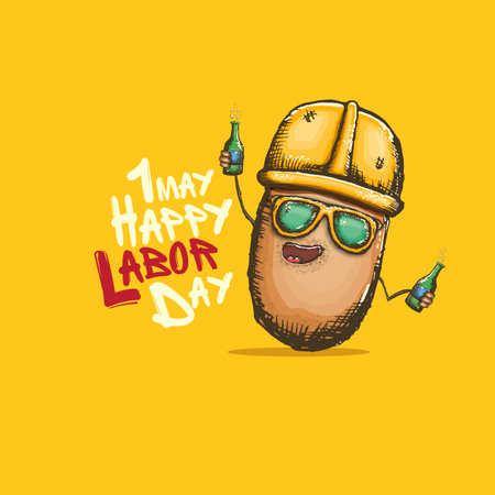 1 may labor day banner with cartoon funky labor potato character with sunglasses and orange helmet holding and drinking beer bottle isolated on orange background. Mayday cartoon poster design templateのイラスト素材