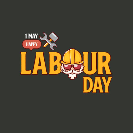 Happy labour day vector label with funky worker on grey background. vector happy labor day background or banner with man. workers may day cartoon graphic poster design templateのイラスト素材