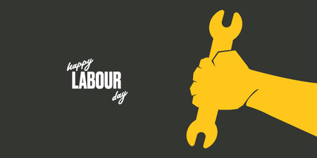 Vector silhouette of red clenched fist holding wrench isolated on grey background. Labour day and international workers day poster, label, greeting card with hand. 1 may design templateのイラスト素材