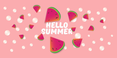 Vector Hello Summer Beach Party horizontal banner Design template with fresh watermelon slice...
