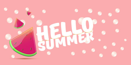 Vector Hello Summer Beach Party horizontal banner Design template with fresh watermelon slice isolated on pink background. Hello summer concept label or poster with fruit and typographic text.のイラスト素材